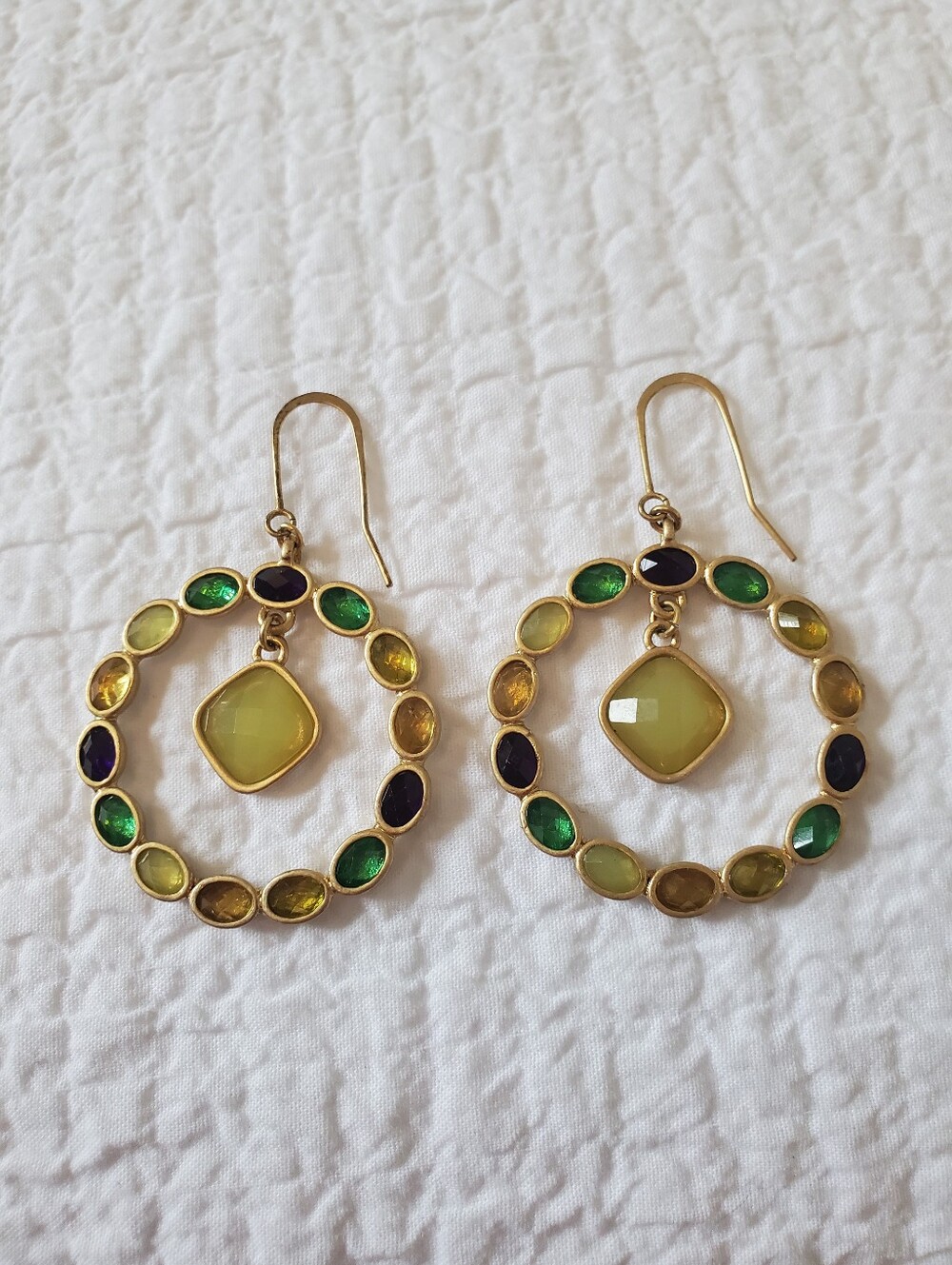 Gold-tone Multicolor Hoop Drop Earrings with Yellow Center Stone Stamped AV